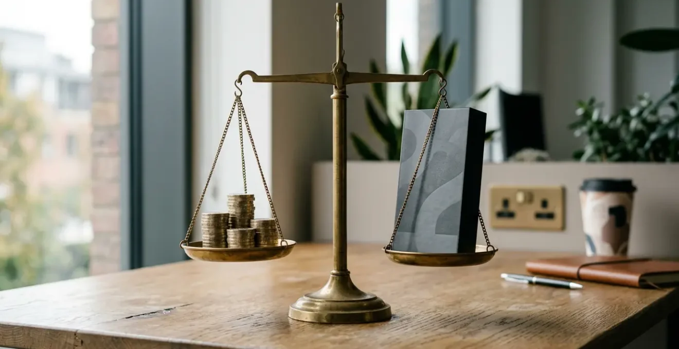 A UK freelancer contemplating a business smartphone investment decision in a professional workspace