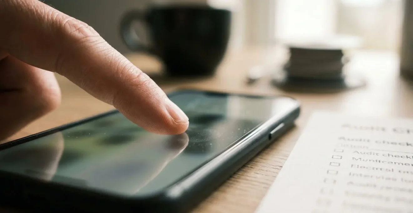 Close-up of hands performing mobile accessibility testing with focus on screen interaction and audit documentation