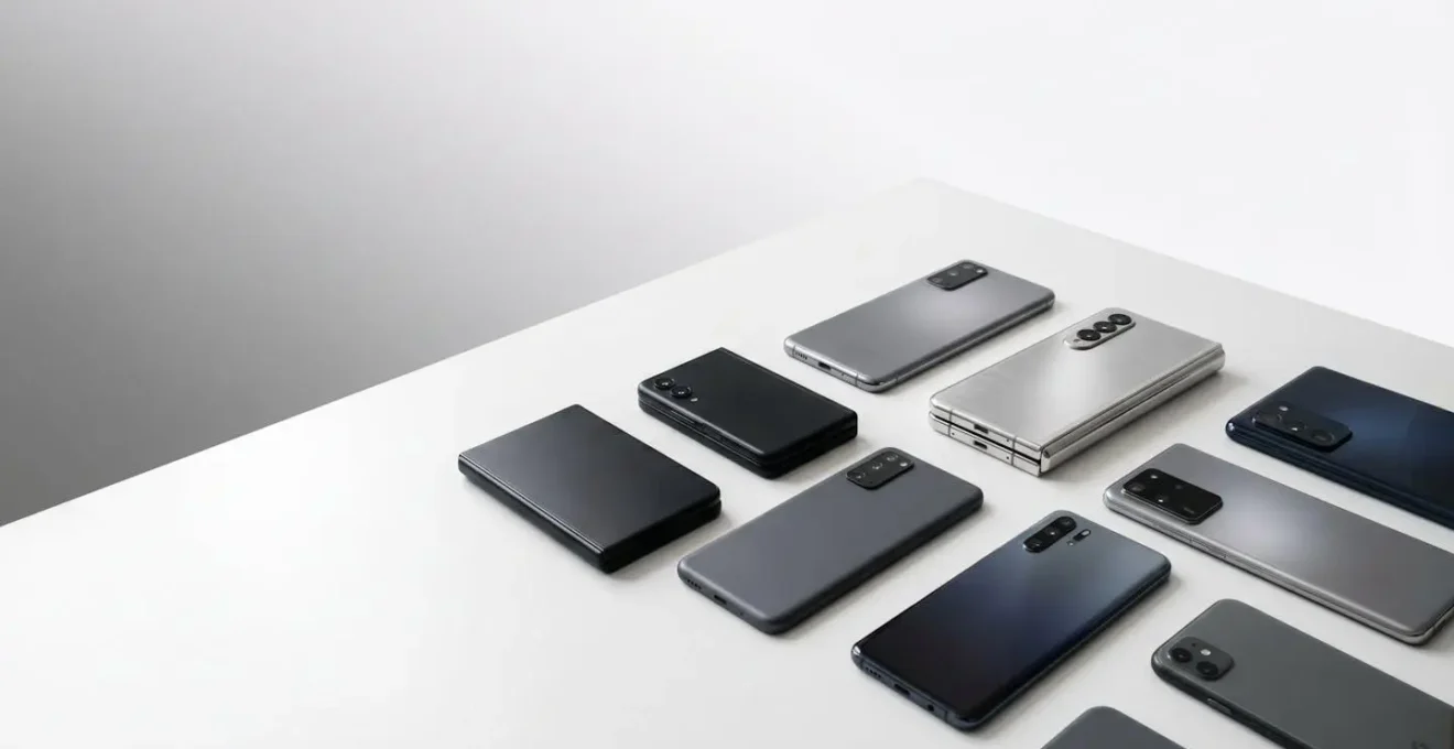 Wide environmental shot showing diverse range of mobile devices representing Android ecosystem fragmentation challenge for developers