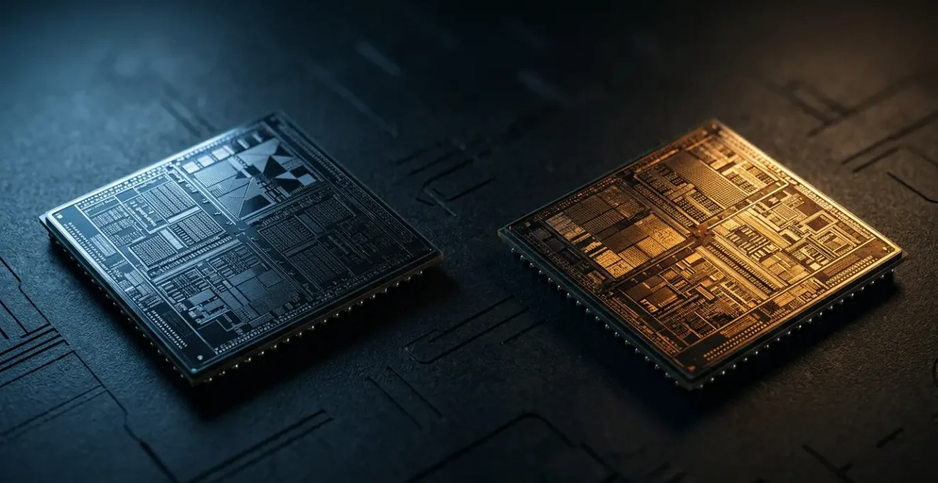 Two high-performance mobile processors side by side in dramatic editorial lighting showcasing silicon architecture and technological innovation for UK professionals