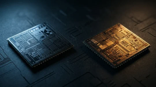 Two high-performance mobile processors side by side in dramatic editorial lighting showcasing silicon architecture and technological innovation for UK professionals