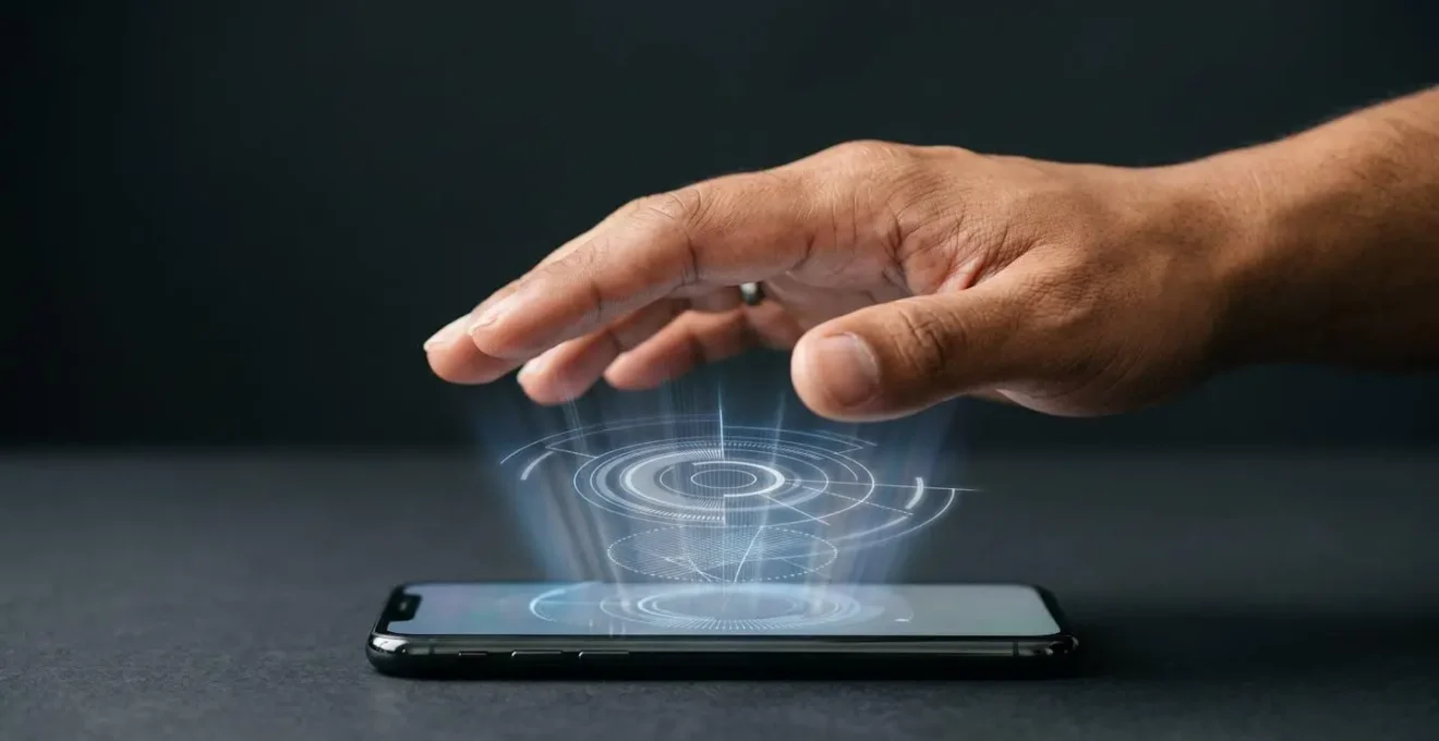 Human hand hovering near smartphone surface with abstract light patterns suggesting facial recognition scanning