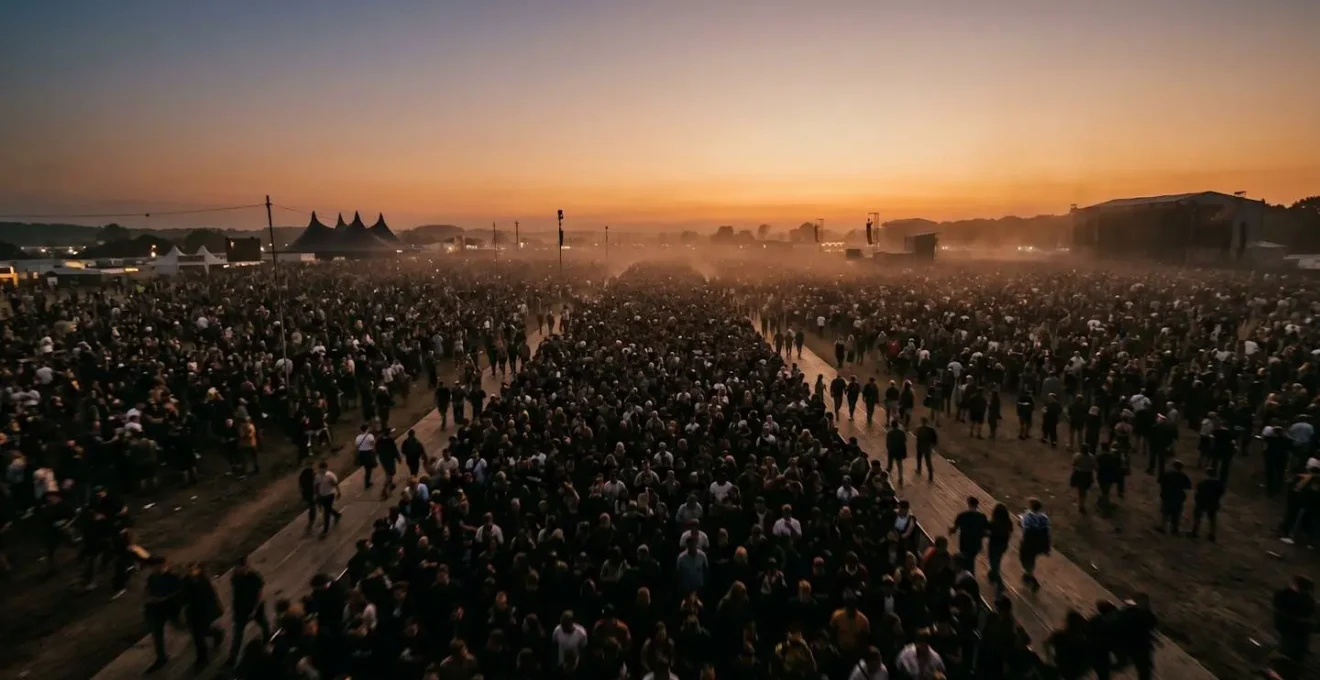 Wide environmental shot showing crowded outdoor event space with atmospheric connectivity concept