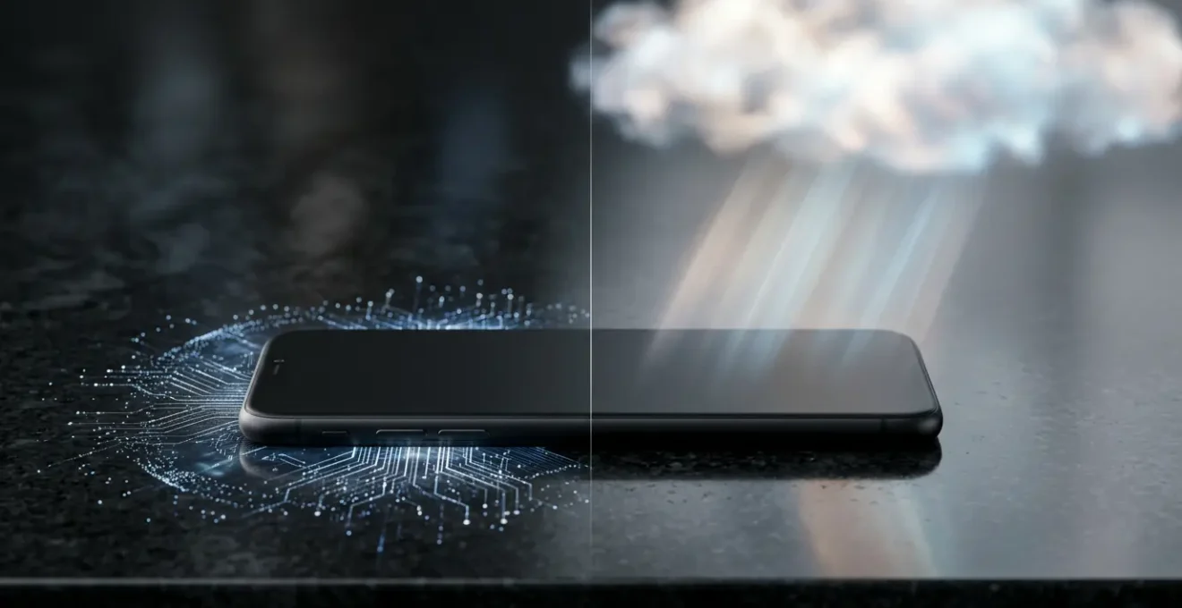 Abstract visualization contrasting cloud-based and local AI processing architectures for mobile banking security