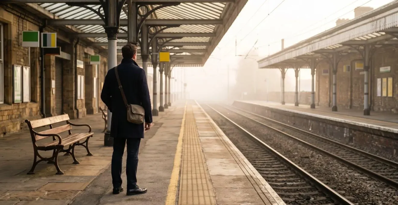 Wide environmental shot of solitary commuter on British train platform during golden hour with atmospheric fog