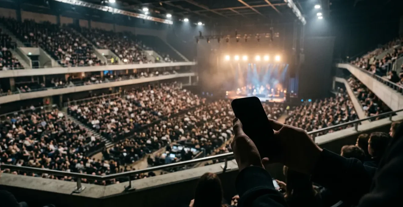 Photographer capturing concert stage performance with smartphone zoom at UK music venue
