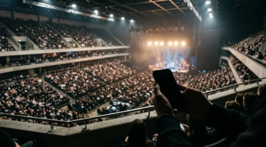 Photographer capturing concert stage performance with smartphone zoom at UK music venue