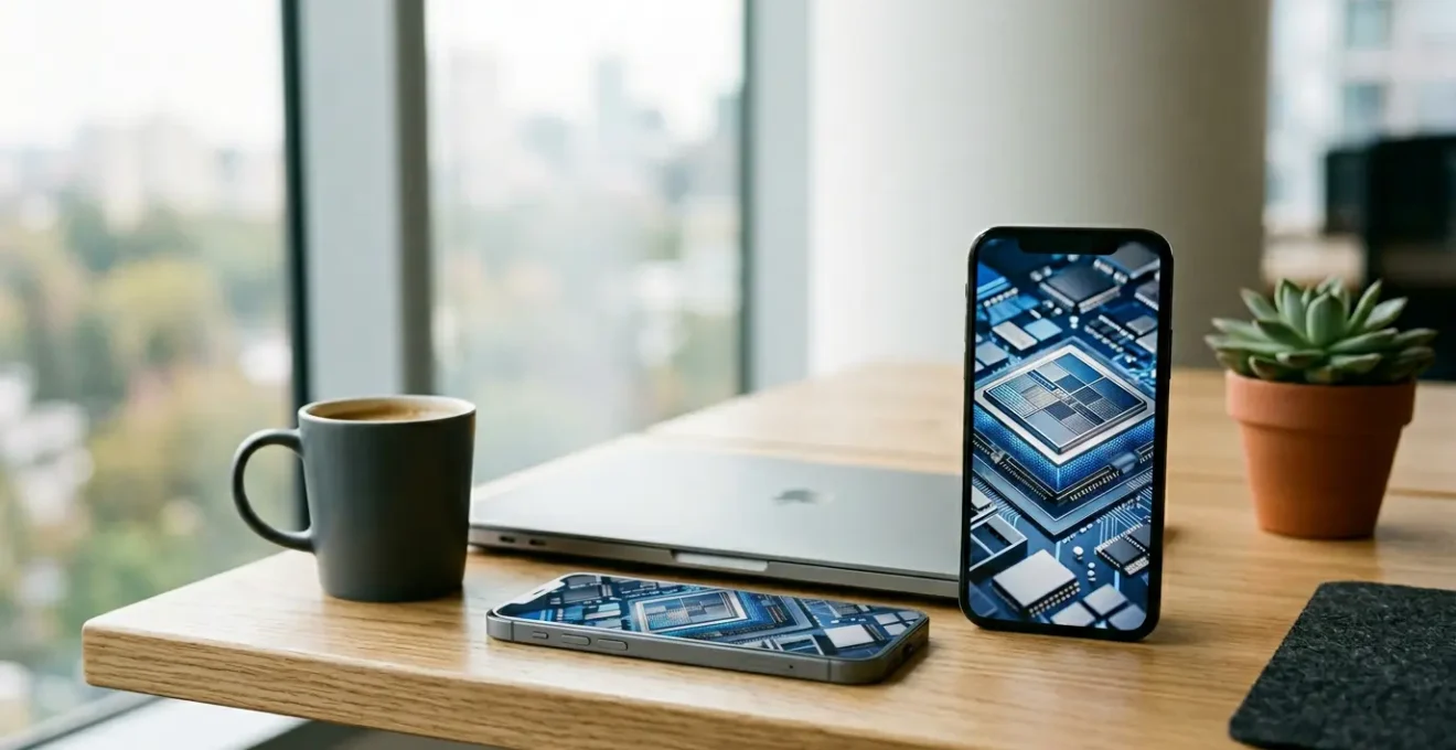Professional developer workspace with modern smartphone displaying advanced chip architecture visualization