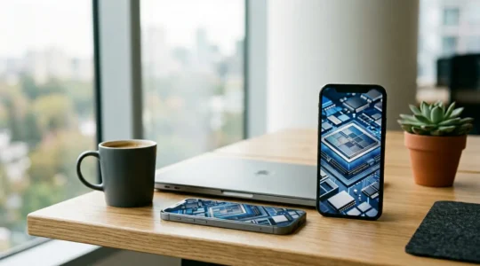 Professional developer workspace with modern smartphone displaying advanced chip architecture visualization