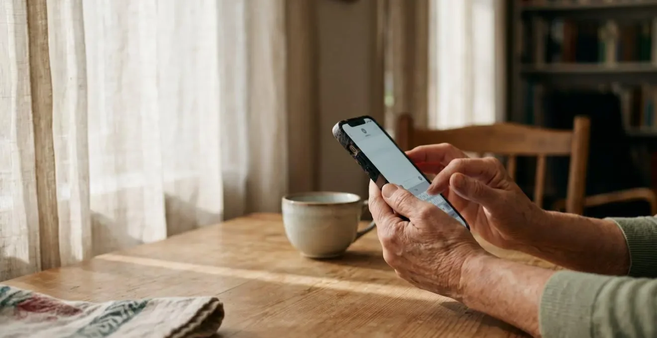 Environmental shot of a senior's hands confidently using a smartphone in a home setting with warm natural light