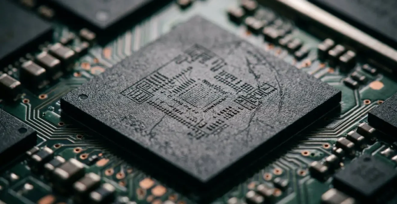 Extreme macro view of degraded smartphone storage chip surface showing wear patterns