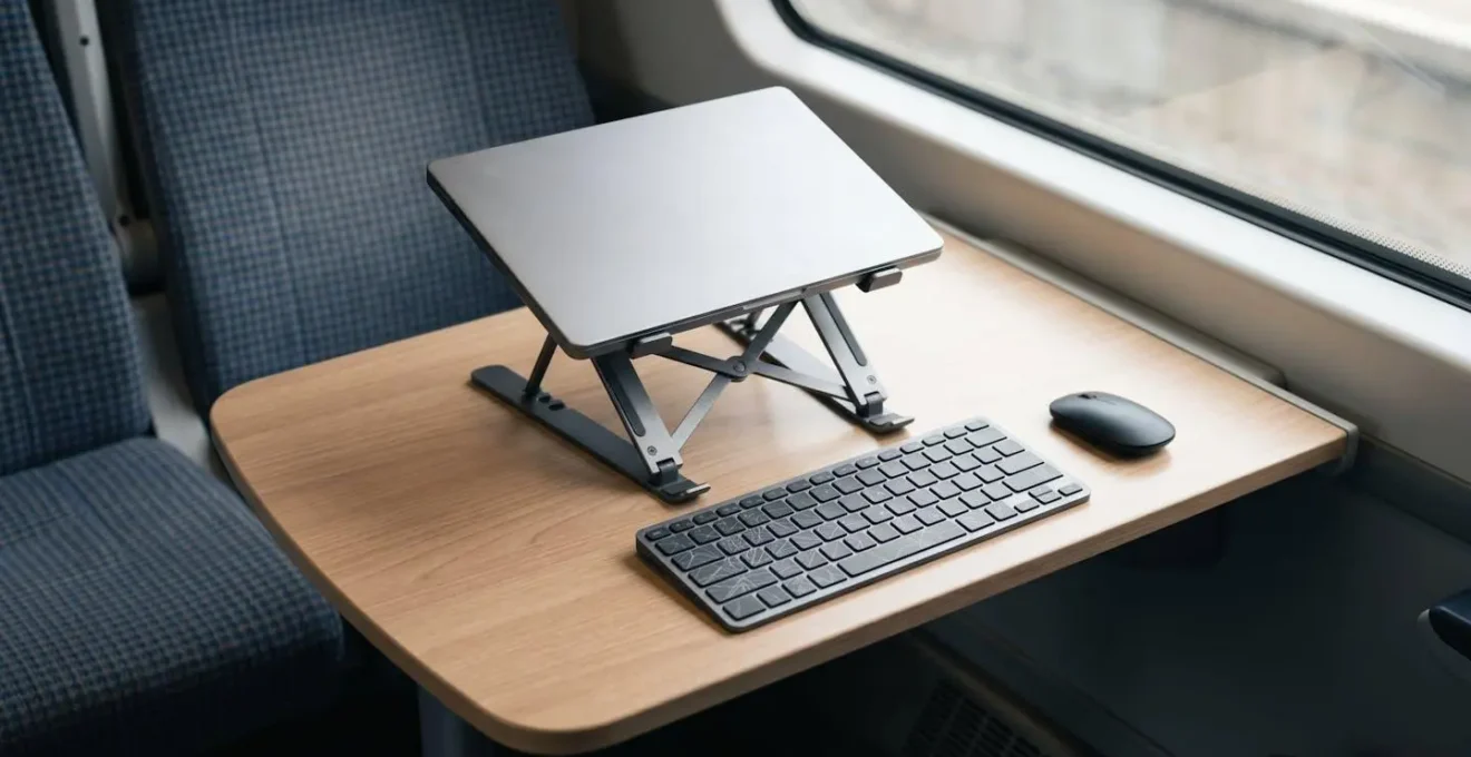 Compact laptop stand with external keyboard demonstrating proper ergonomic screen height on train table