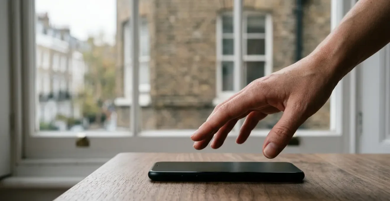 Close-up photograph of a hand hovering over a modern smartphone on a clean surface, with dramatic lighting emphasizing the tension between biometric authentication and legal privacy