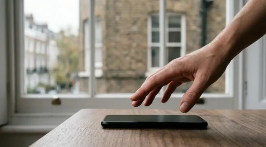 Close-up photograph of a hand hovering over a modern smartphone on a clean surface, with dramatic lighting emphasizing the tension between biometric authentication and legal privacy