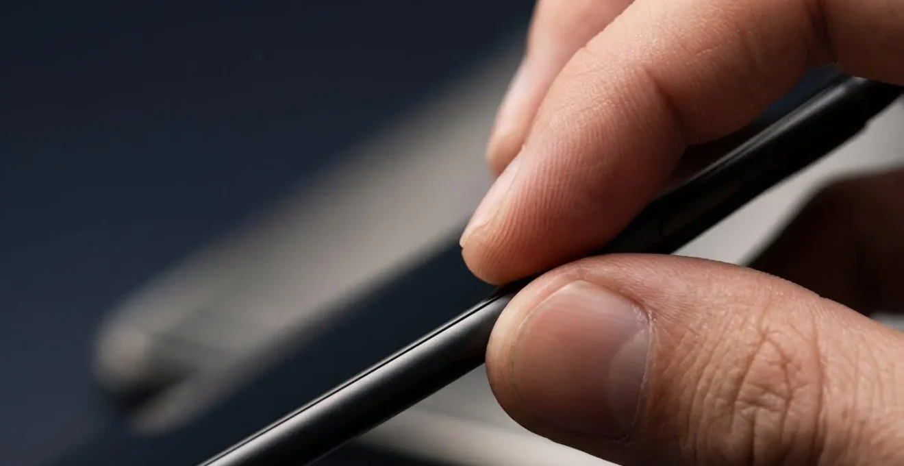 Extreme close-up of fingers adjusting haptic intensity settings showing tactile interaction without visible screen text