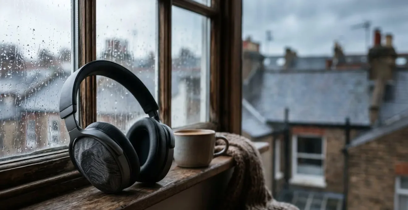 Atmospheric scene showing premium headphones in contemplative listening environment with natural lighting