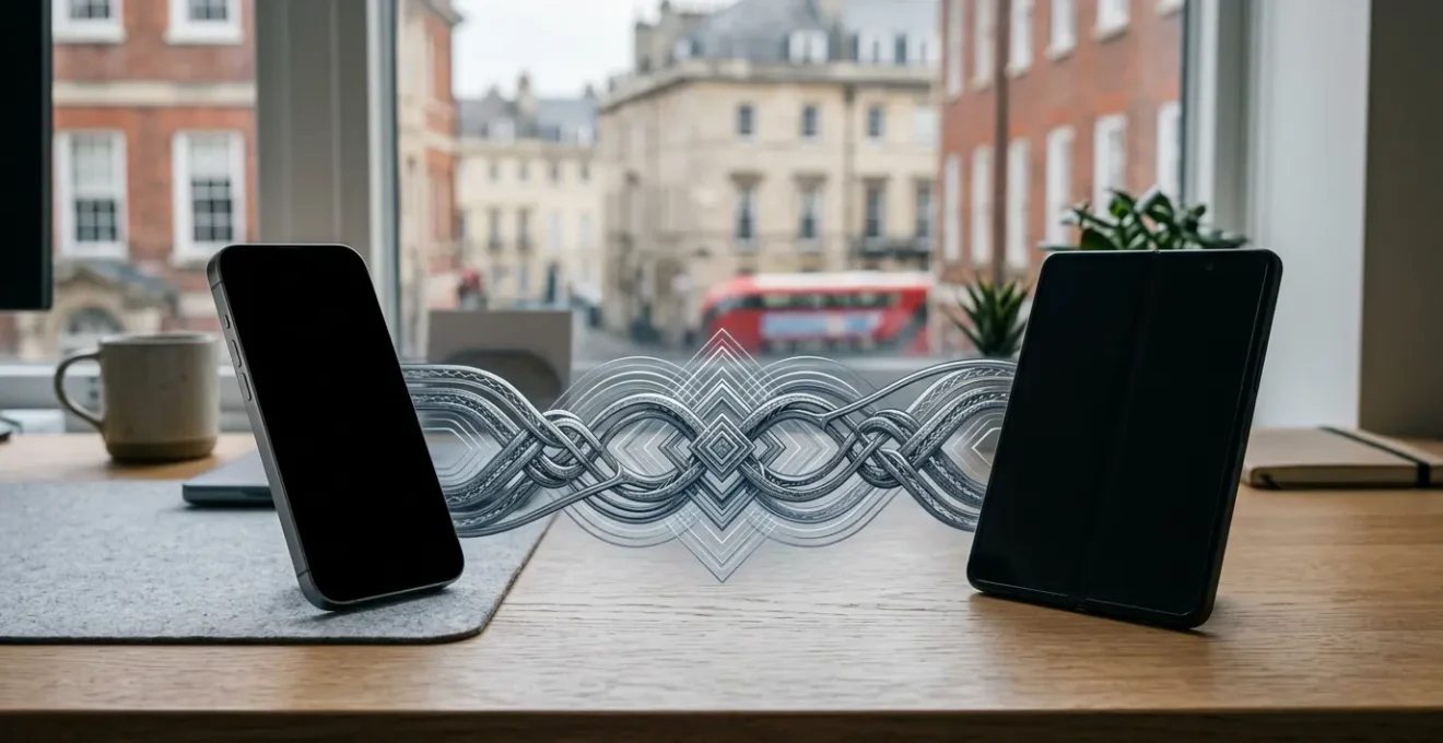 Two smartphones representing iOS and Android ecosystems with symbolic connection elements in UK setting