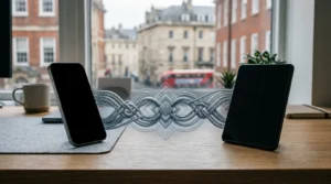 Two smartphones representing iOS and Android ecosystems with symbolic connection elements in UK setting
