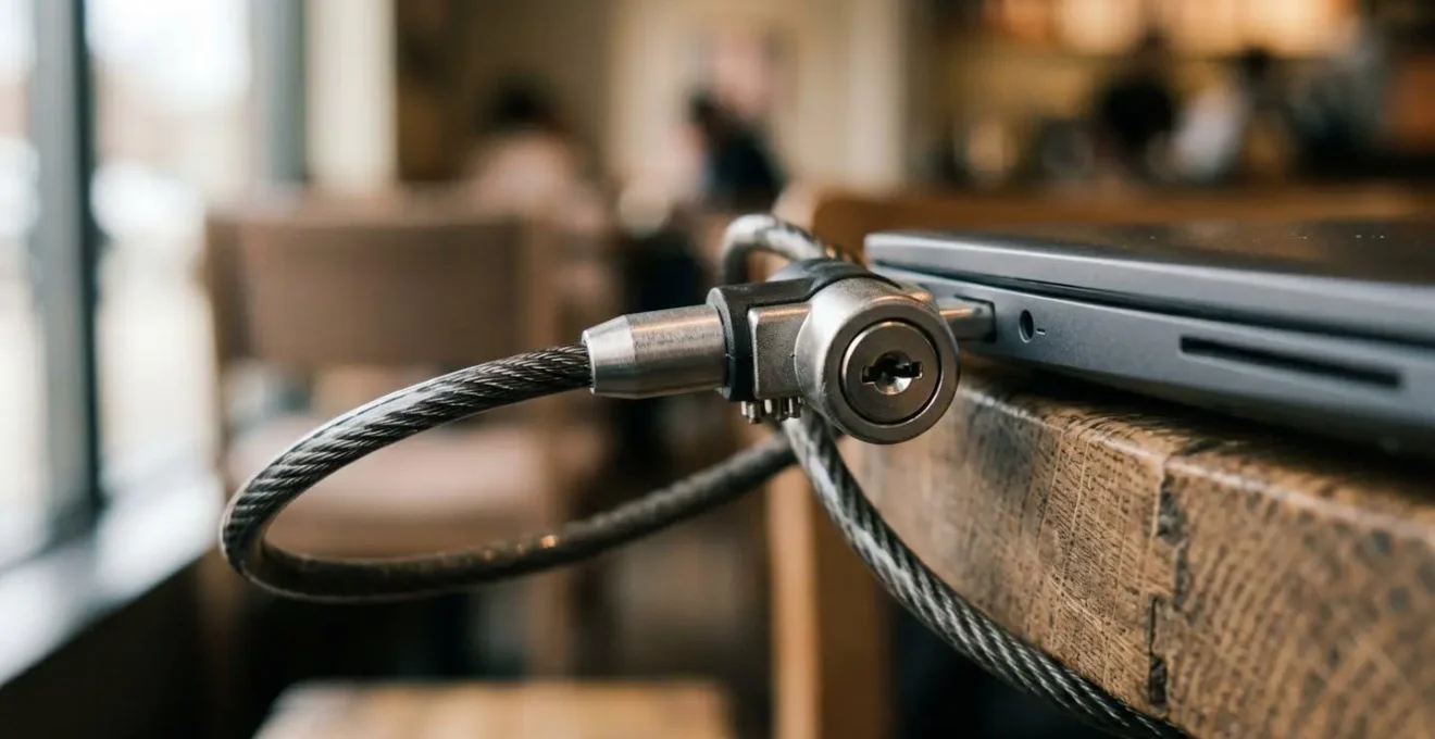 Physical laptop security lock attached to coffee shop table demonstrating theft prevention method