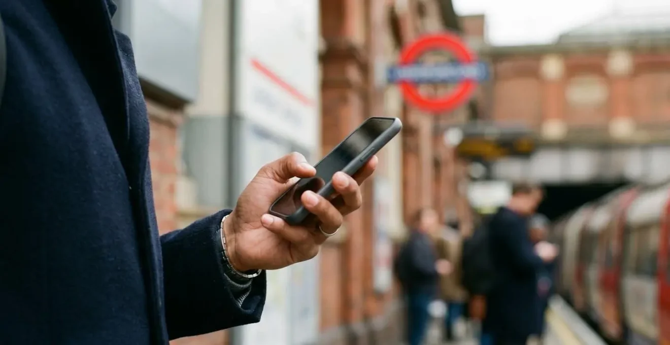 Person holding smartphone outdoors in British urban environment with focus on hand gesture suggesting location awareness
