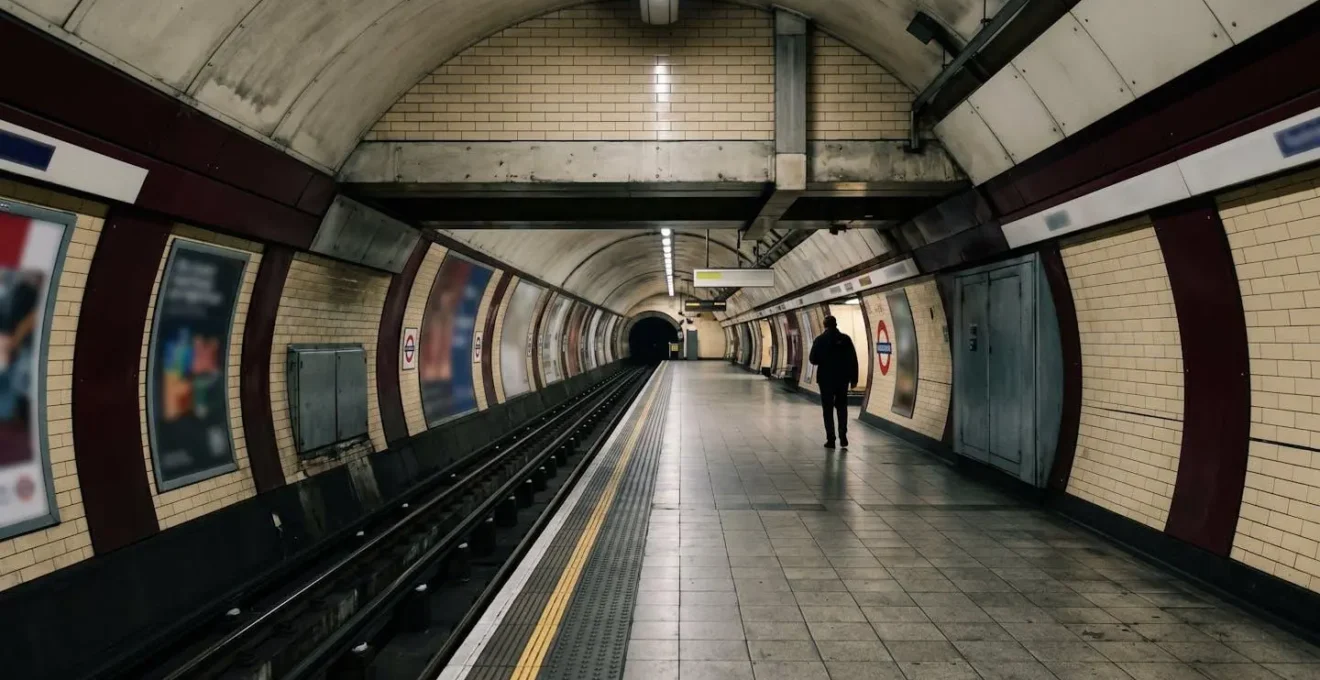 Wide environmental shot of London Underground platform showing noise environment context for audio listening