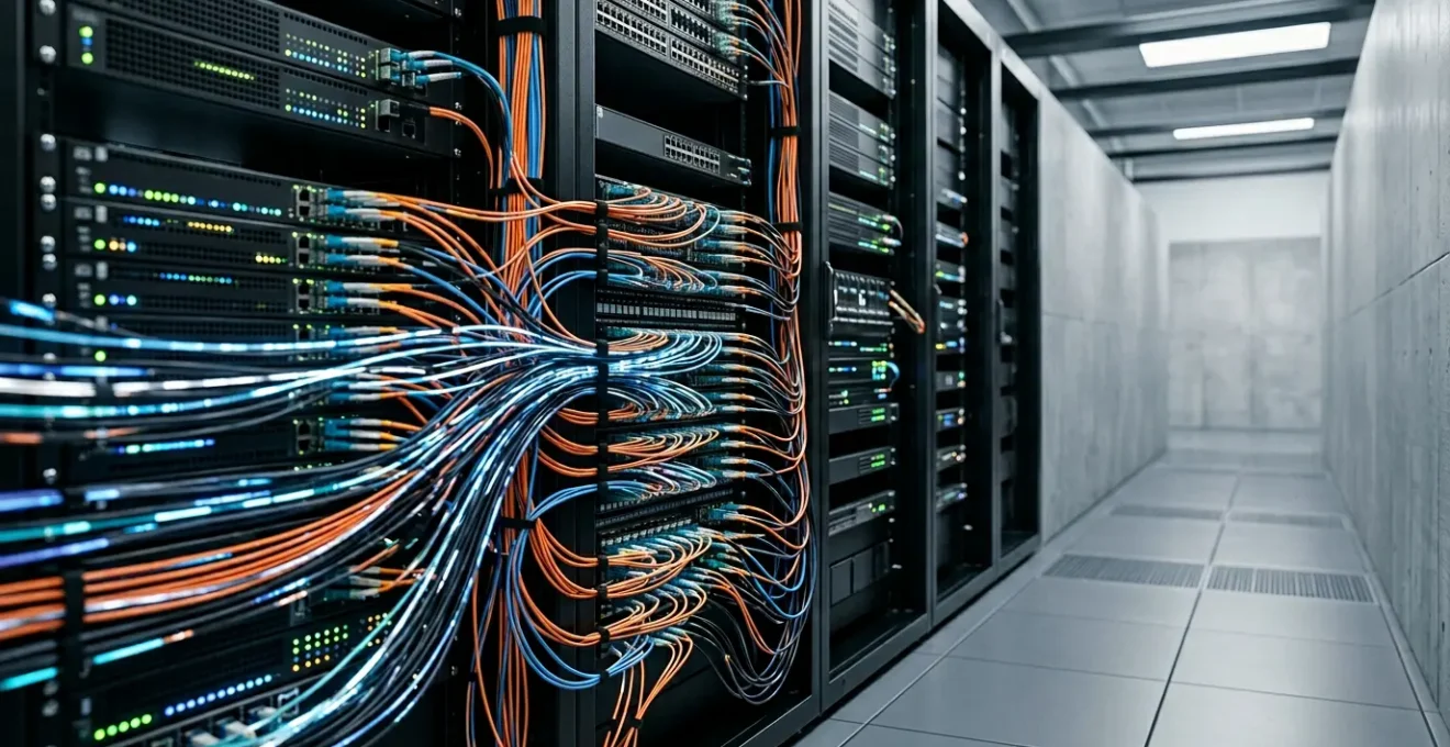 Professional editorial photograph of distributed network architecture with concurrent data streams