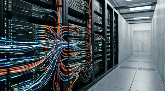 Professional editorial photograph of distributed network architecture with concurrent data streams