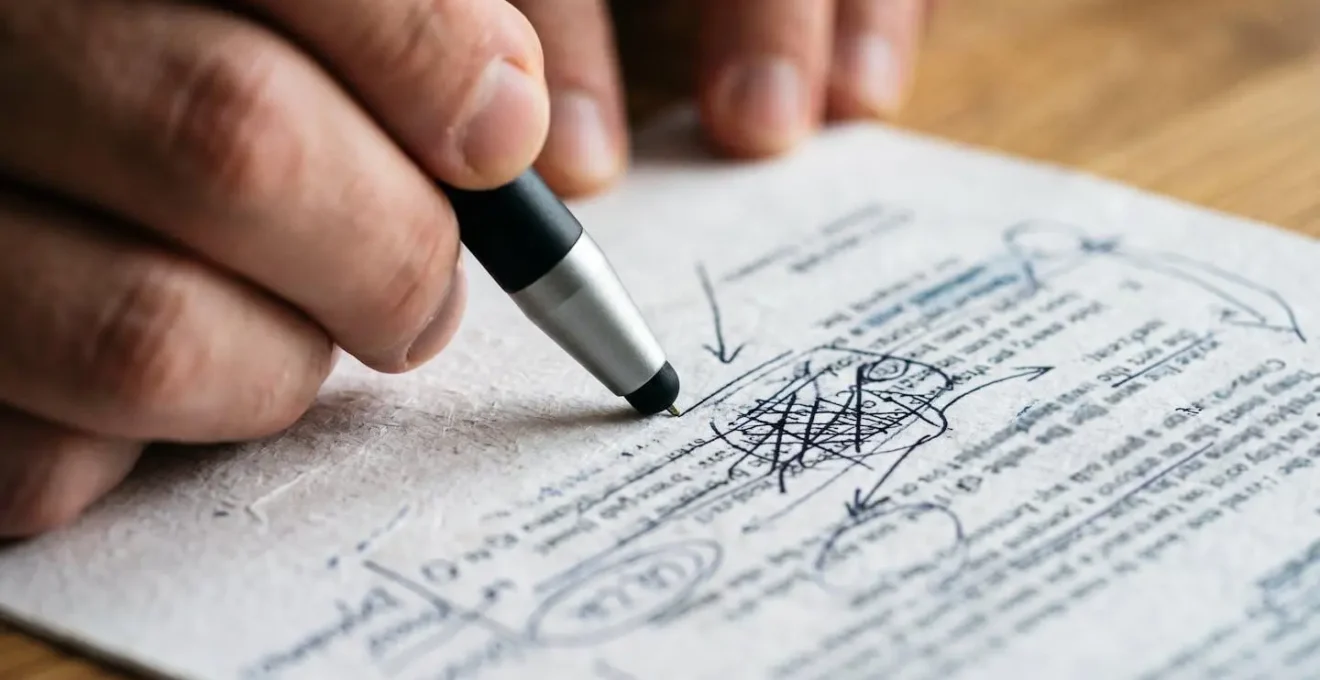 Close-up of hands marking specific sections of document with precise gestures