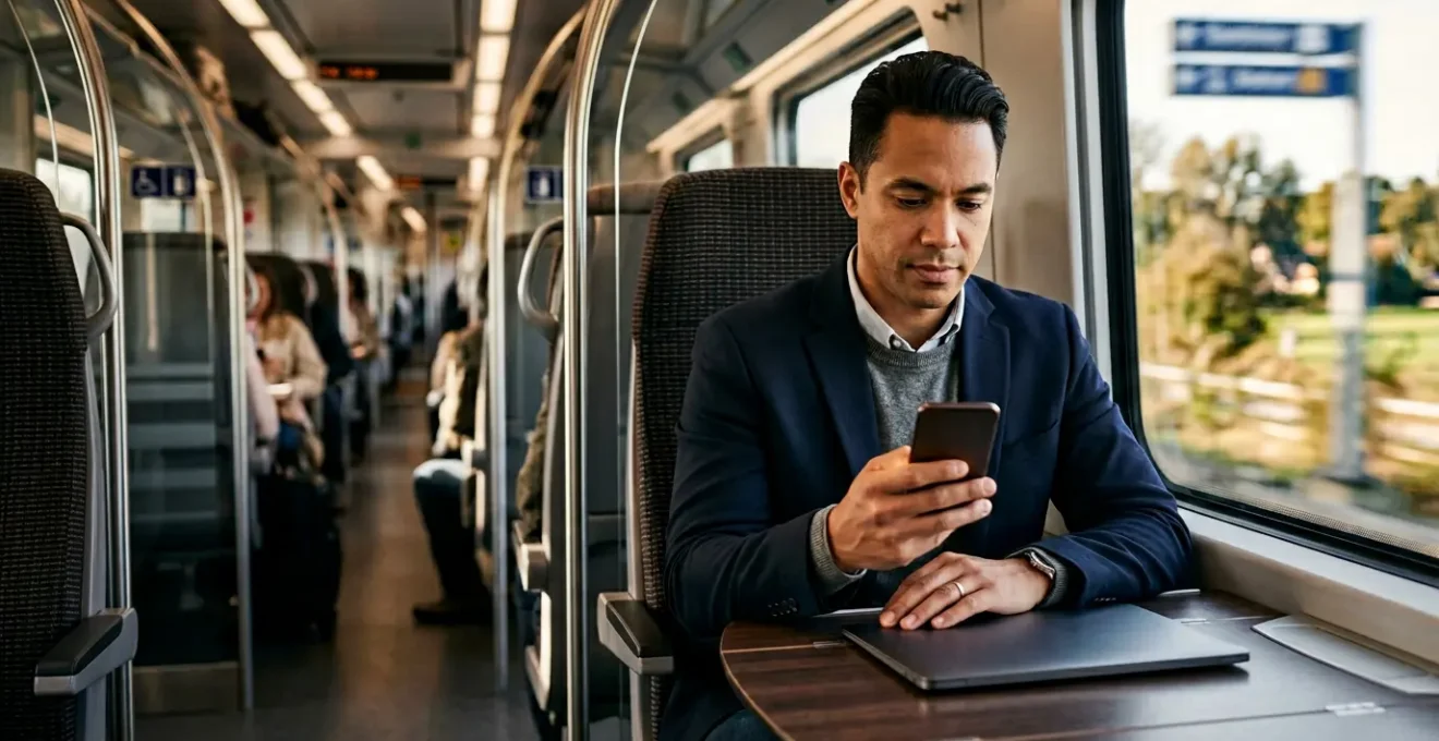 Professional working with mobile device and documents in transit environment