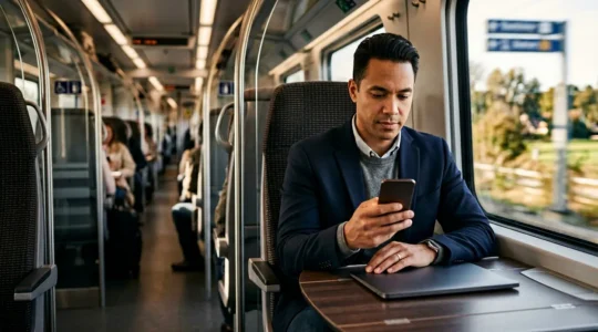 Professional working with mobile device and documents in transit environment