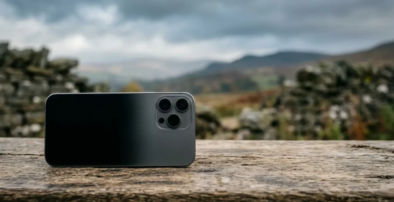 Professional travel photographer comparing smartphone multi-camera system with traditional DSLR camera in UK landscape setting