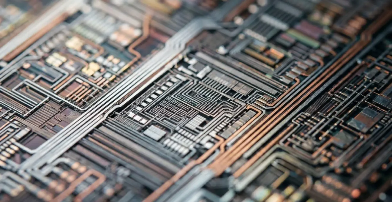 Extreme close-up of specialized AI chip silicon surface showing intricate circuitry patterns