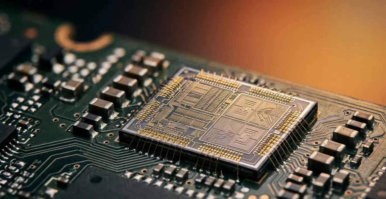 Close-up of a modern smartphone circuit board with neural processing unit chip in sharp focus