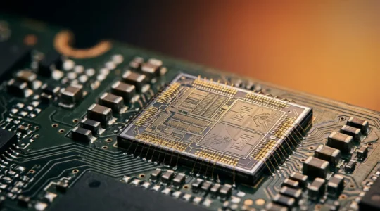 Close-up of a modern smartphone circuit board with neural processing unit chip in sharp focus