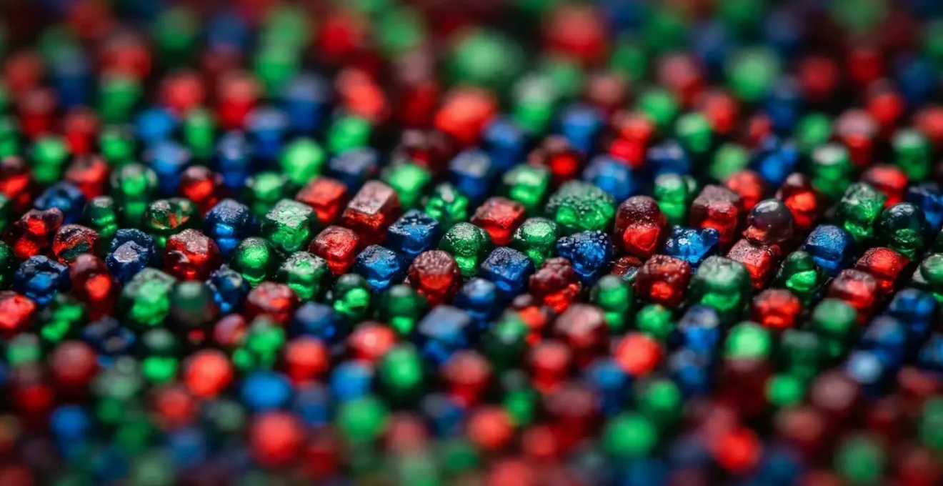 Extreme macro detail of OLED subpixel arrangement showing color degradation and uneven wear patterns