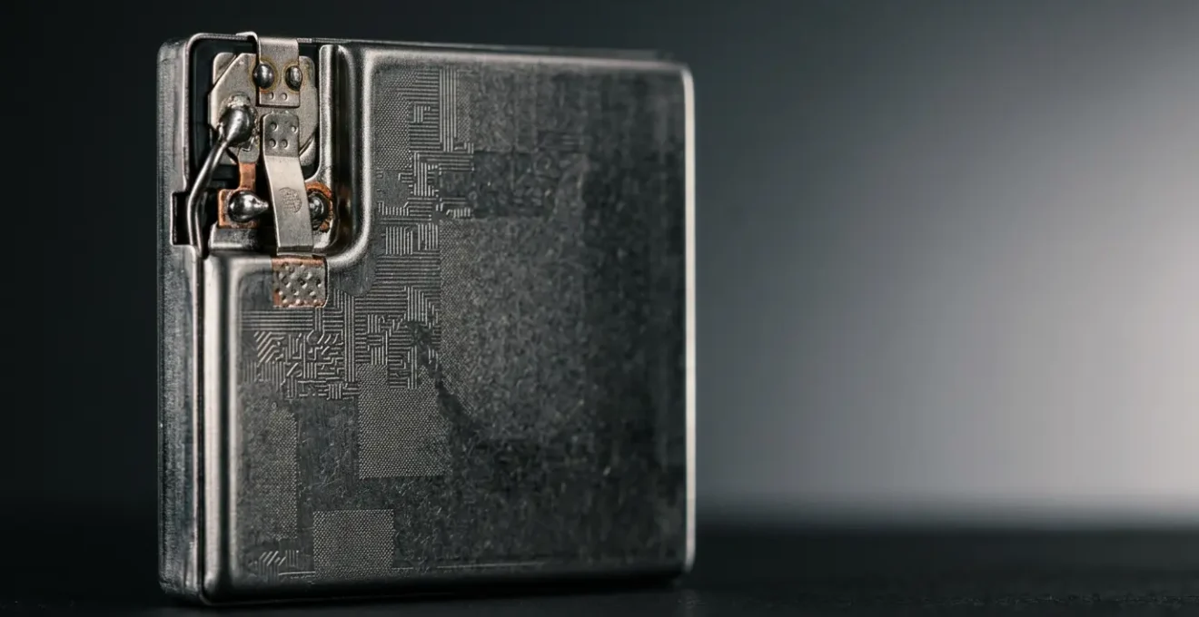 Close-up photograph showing the internal components of a modern smartphone battery in pristine condition