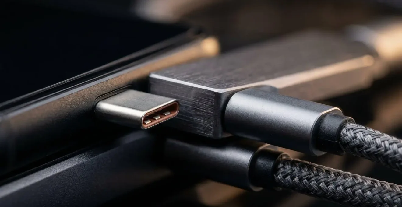Macro close-up of portable DAC connected to smartphone showing premium audio hardware detail