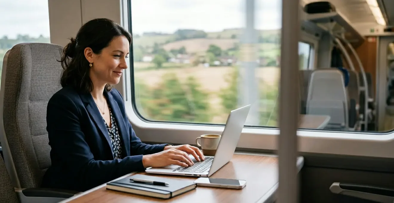 Professional working on train journey creating mobile office workspace