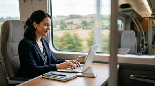 Professional working on train journey creating mobile office workspace