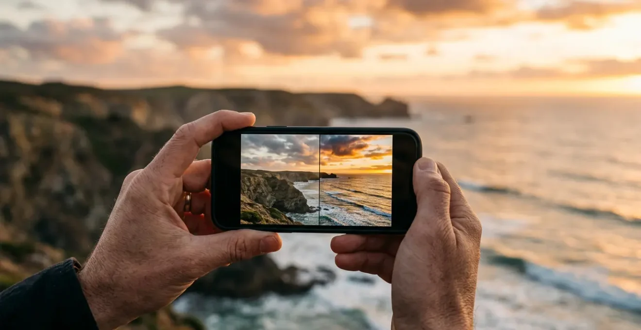 Hands holding smartphone capturing sunset landscape showing both RAW and AI processing concepts