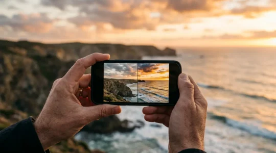 Hands holding smartphone capturing sunset landscape showing both RAW and AI processing concepts