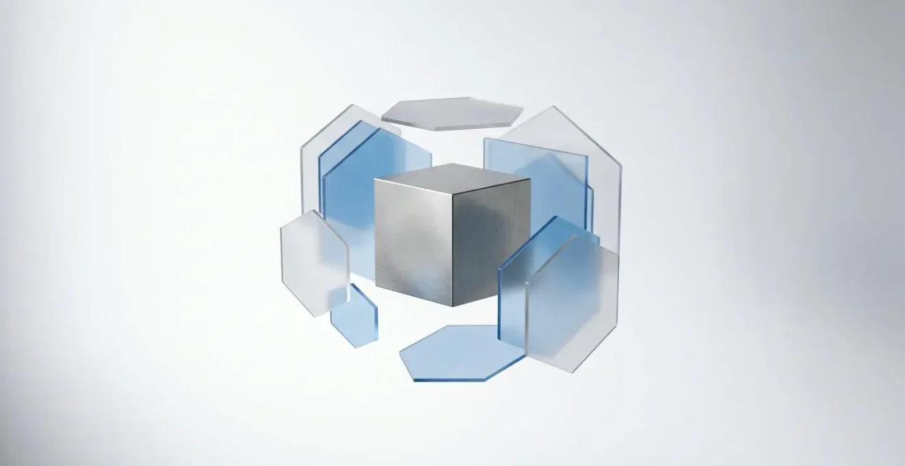 Abstract visualization of secure data processing with layered geometric shapes representing hardware isolation