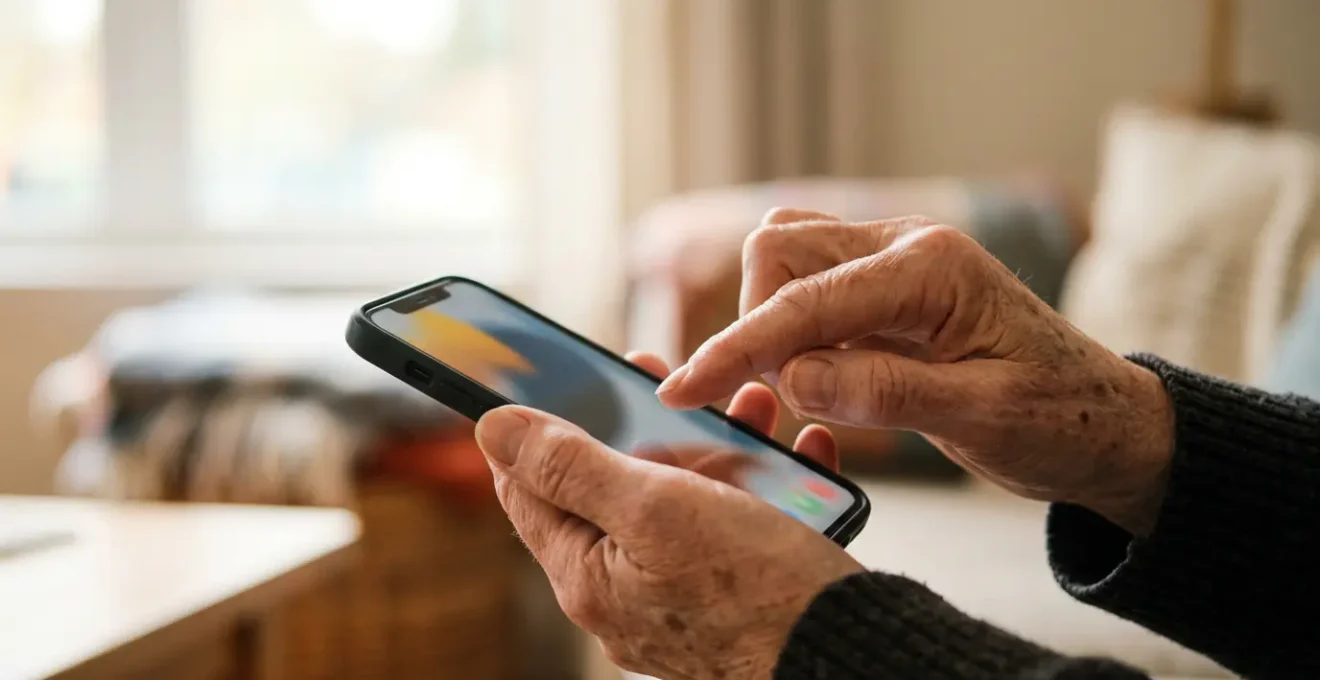 Close-up of hands with visible joint stiffness carefully tapping on a modern smartphone screen