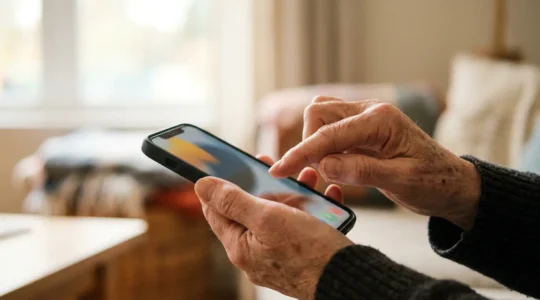 Close-up of hands with visible joint stiffness carefully tapping on a modern smartphone screen