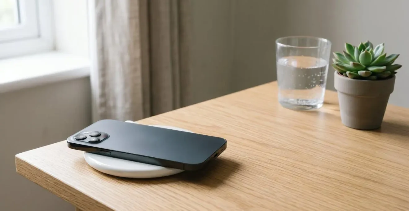 Minimalist composition of smartphone charging in controlled environment with natural lighting