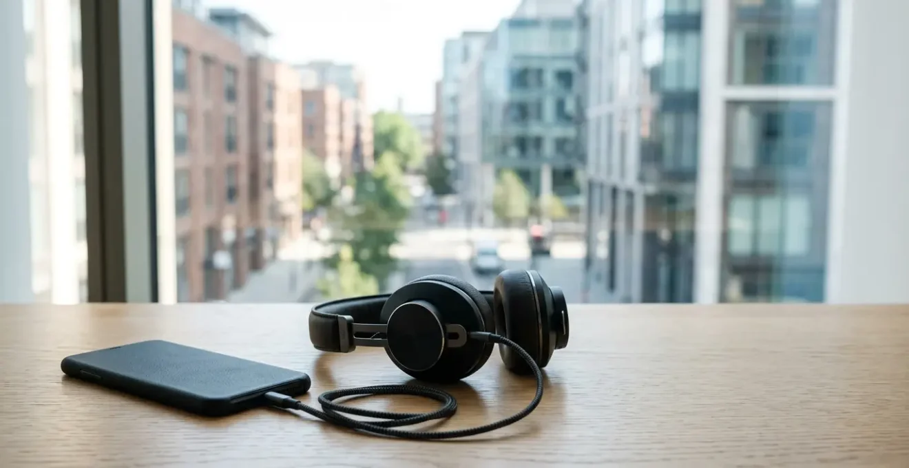 Professional smartphone audio setup with premium headphones demonstrating hi-res audio quality