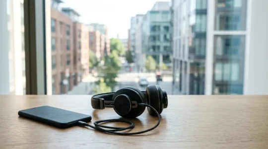 Professional smartphone audio setup with premium headphones demonstrating hi-res audio quality