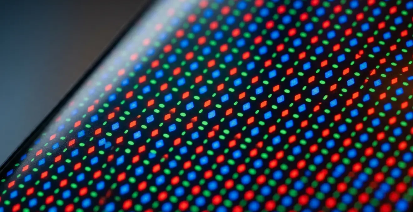 Close-up detail of modern OLED smartphone display showing pristine screen quality with subtle pixel grid structure
