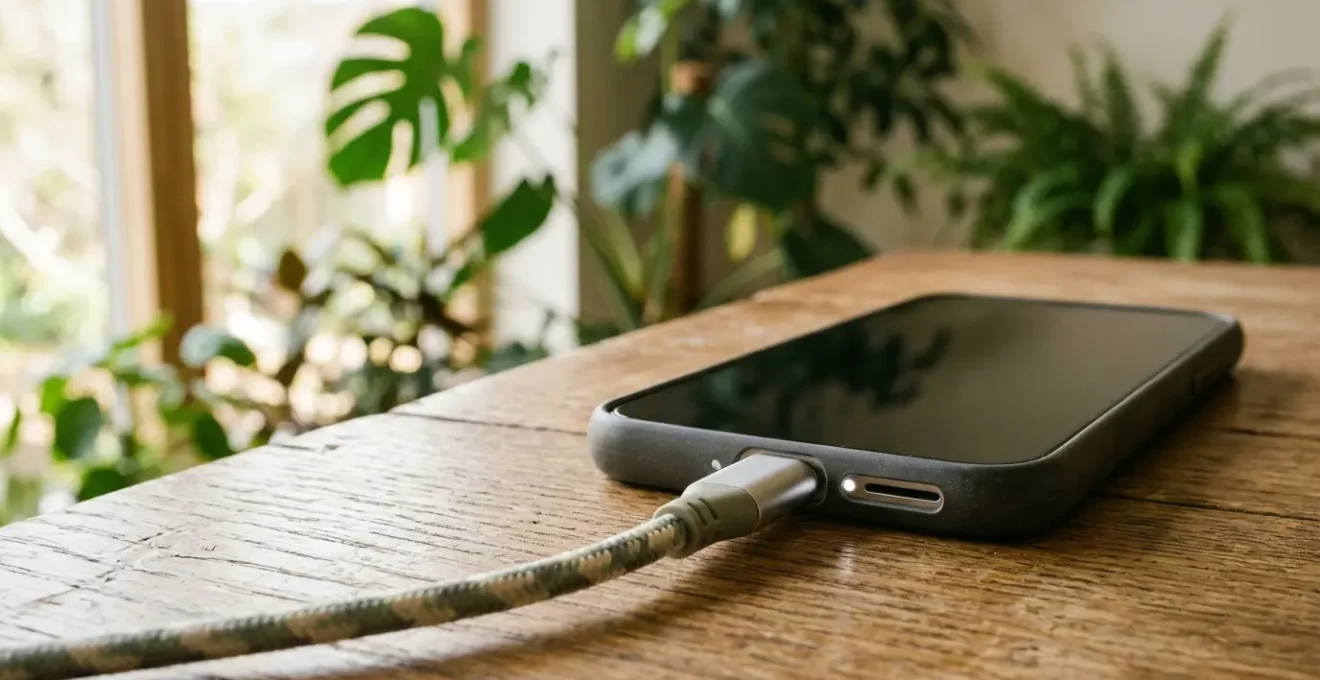 Smartphone charging sustainably with visible battery and eco-friendly energy flow
