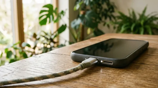 Smartphone charging sustainably with visible battery and eco-friendly energy flow